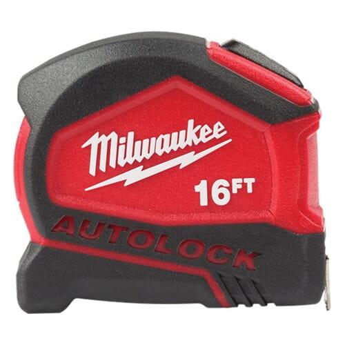 Milwaukee® Autolock 48-22-6816 Compact Autolock Measuring Tape With Belt Clip, 16 ft L x 27 mm W Blade, Steel Blade, 1/16 in Graduation